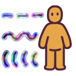 A person with a multicolored dashed line, wavy line, and sound waves coming at them from one side.